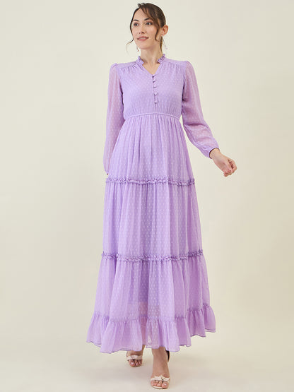 Long Sleeve Ruffled Maxi Dress with Button Detail