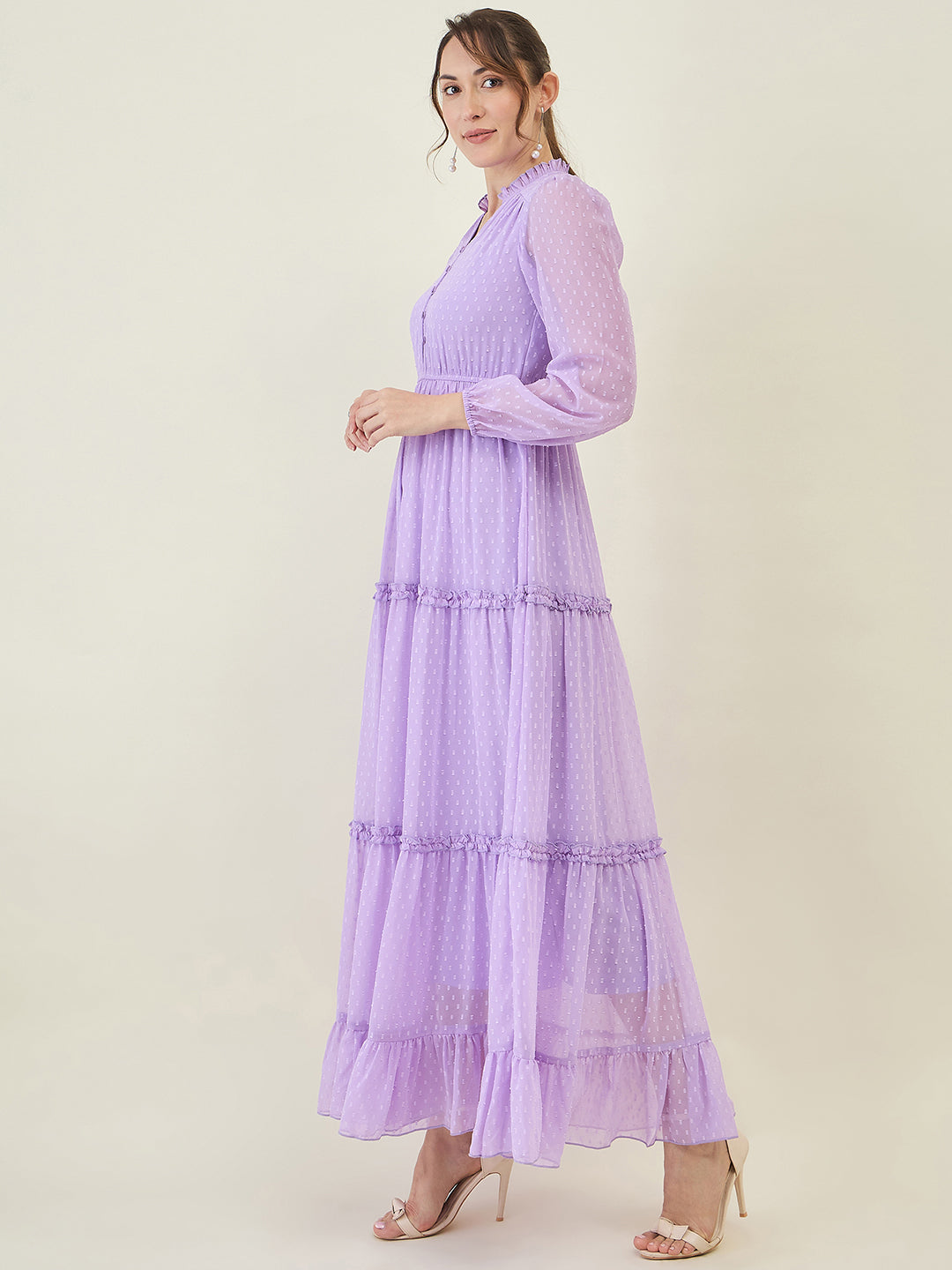 Long Sleeve Ruffled Maxi Dress with Button Detail