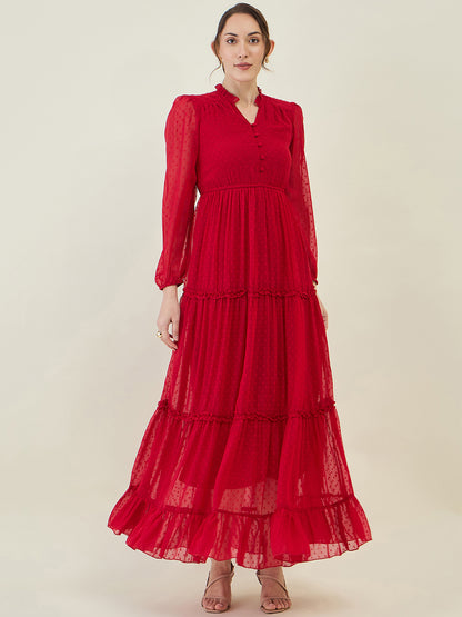 Long Sleeve Ruffled Maxi Dress with Button Detail