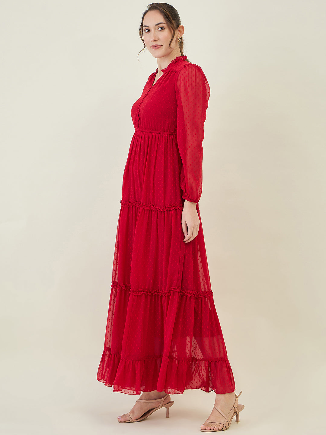 Long Sleeve Ruffled Maxi Dress with Button Detail