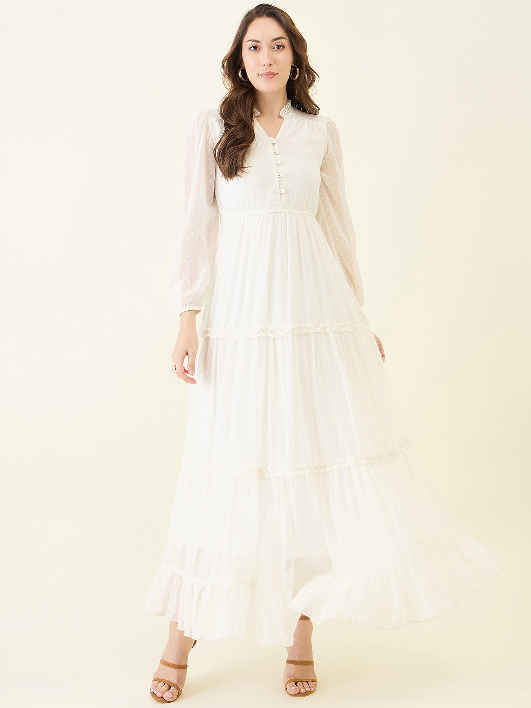 Long Sleeve Ruffled Maxi Dress with Button Detail