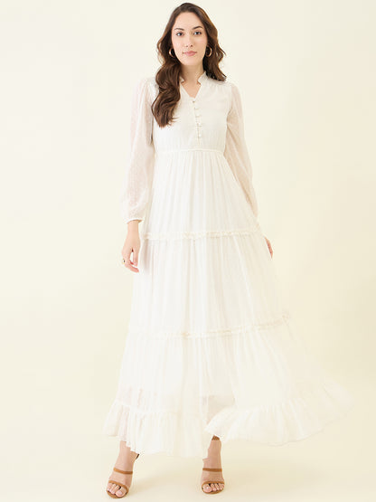 Long Sleeve Ruffled Maxi Dress with Button Detail