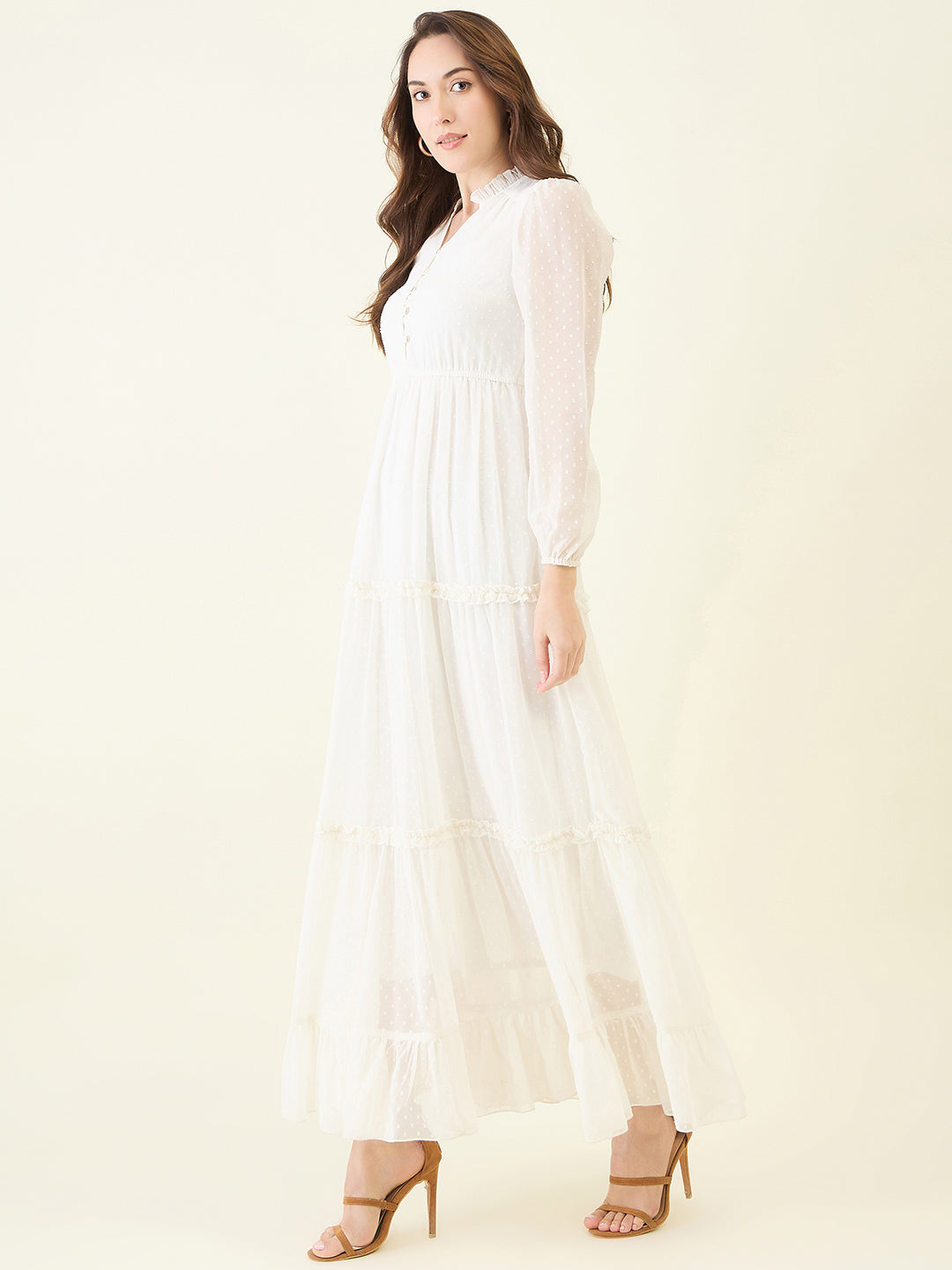 Long Sleeve Ruffled Maxi Dress with Button Detail