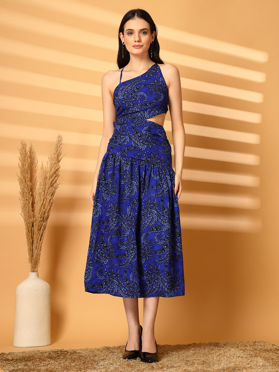 Midnight Bloom One-Shoulder Cutout Midi Dress