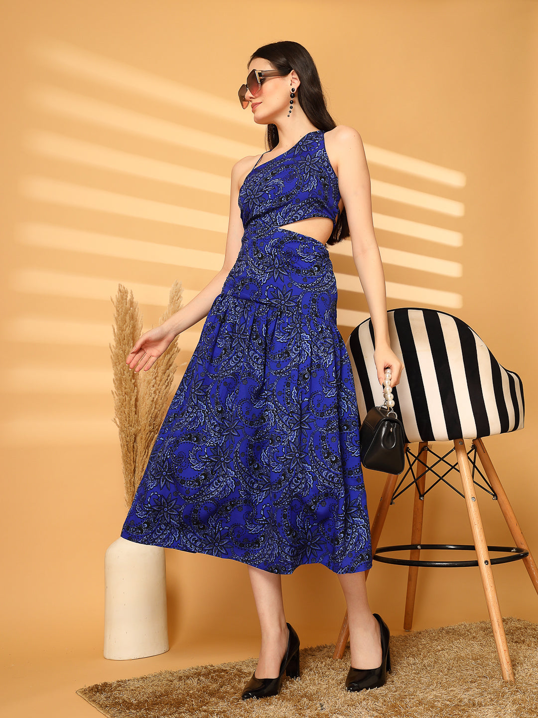 Midnight Bloom One-Shoulder Cutout Midi Dress