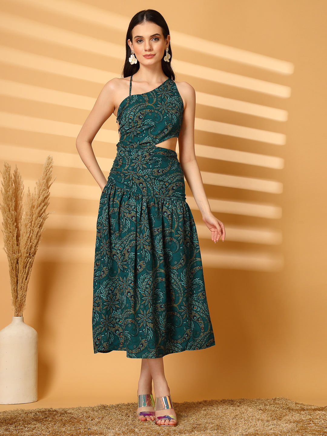 Midnight Bloom One-Shoulder Cutout Midi Dress