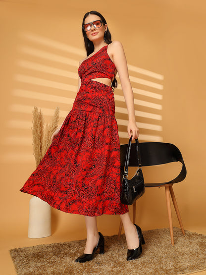 Midnight Bloom One-Shoulder Cutout Midi Dress
