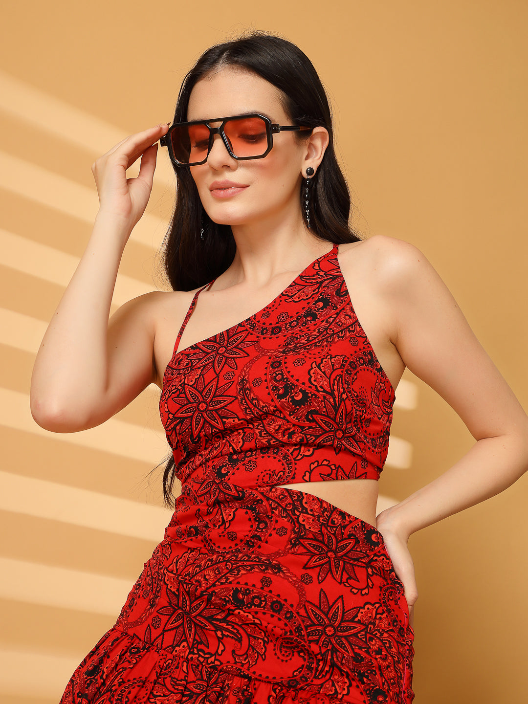 Midnight Bloom One-Shoulder Cutout Midi Dress