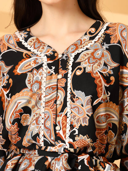 Paisley Print Kaftan Mini Dress with Lace Trim