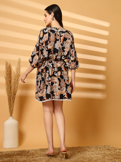 Paisley Print Kaftan Mini Dress with Lace Trim
