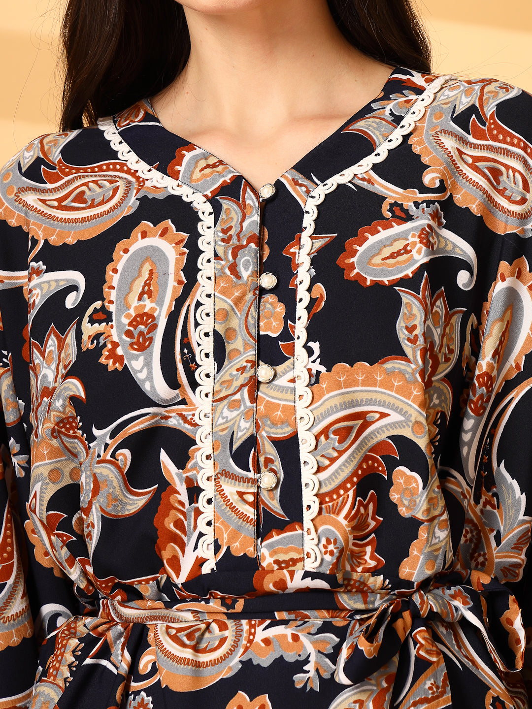 Paisley Print Kaftan Mini Dress with Lace Trim