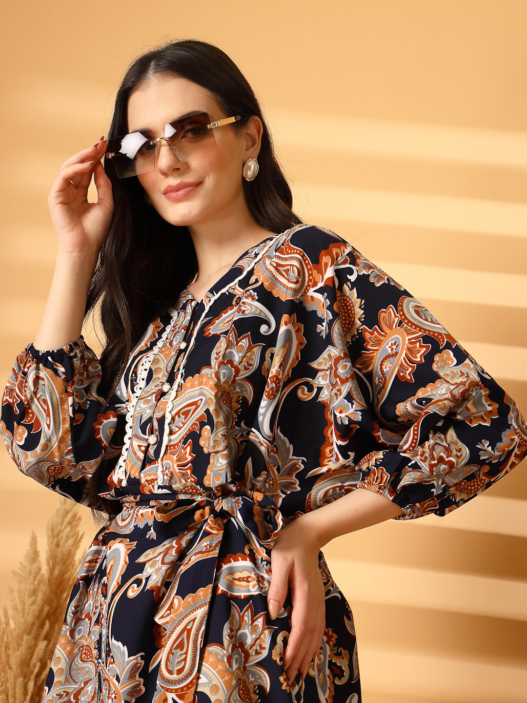 Paisley Print Kaftan Mini Dress with Lace Trim
