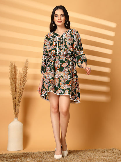 Paisley Print Kaftan Mini Dress with Lace Trim