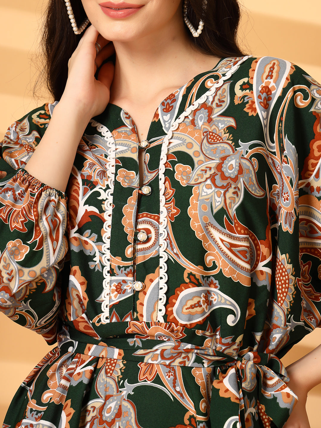Paisley Print Kaftan Mini Dress with Lace Trim