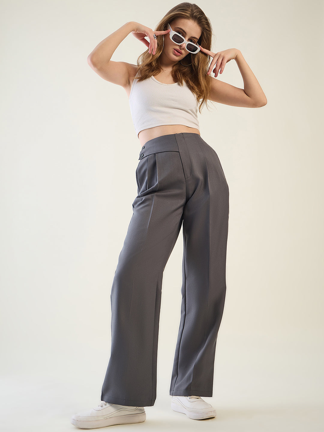 Pintuck Wide Leg Trousers with Contoured Waist