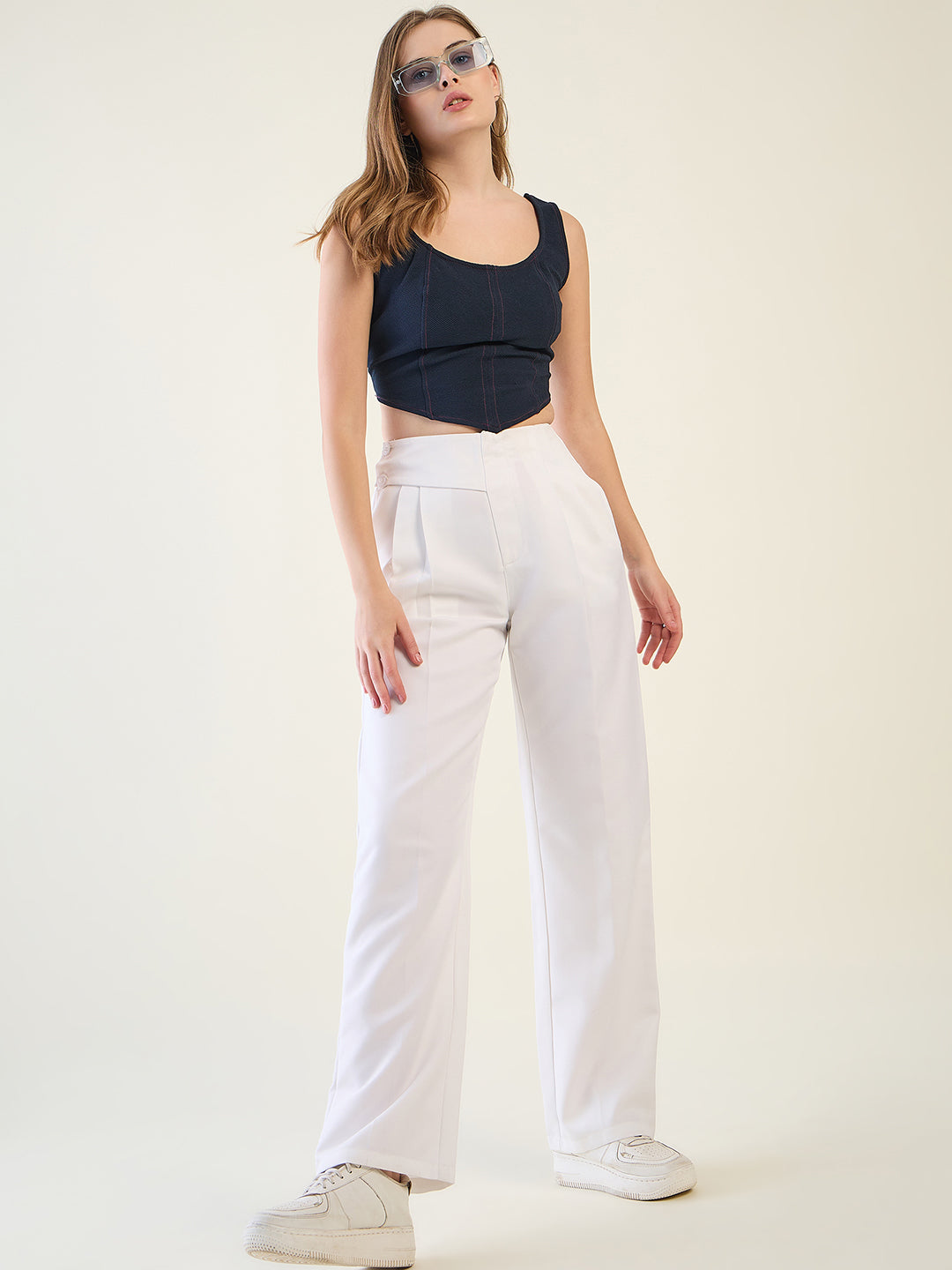 Pintuck Wide Leg Trousers with Contoured Waist