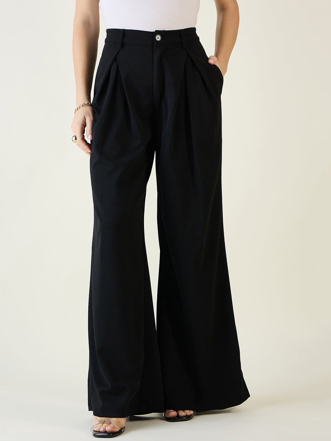 Pleated Front Palazzo Trousers with Button Waist