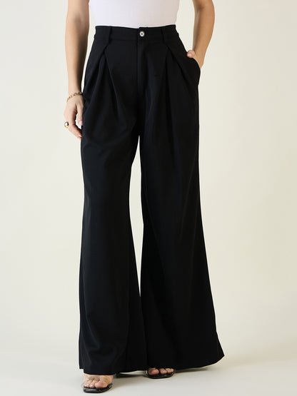 Pleated Front Palazzo Trousers with Button Waist