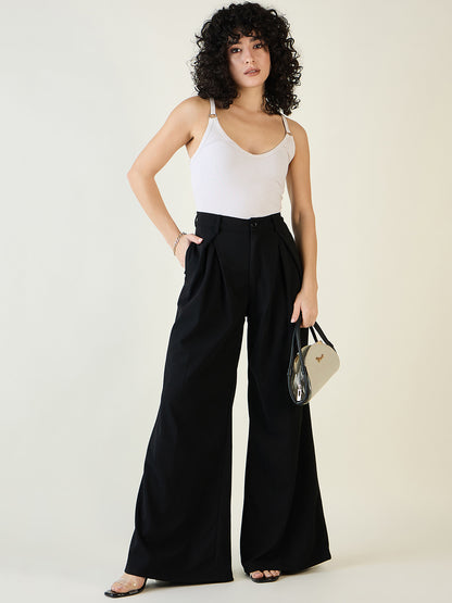 Pleated Front Palazzo Trousers with Button Waist