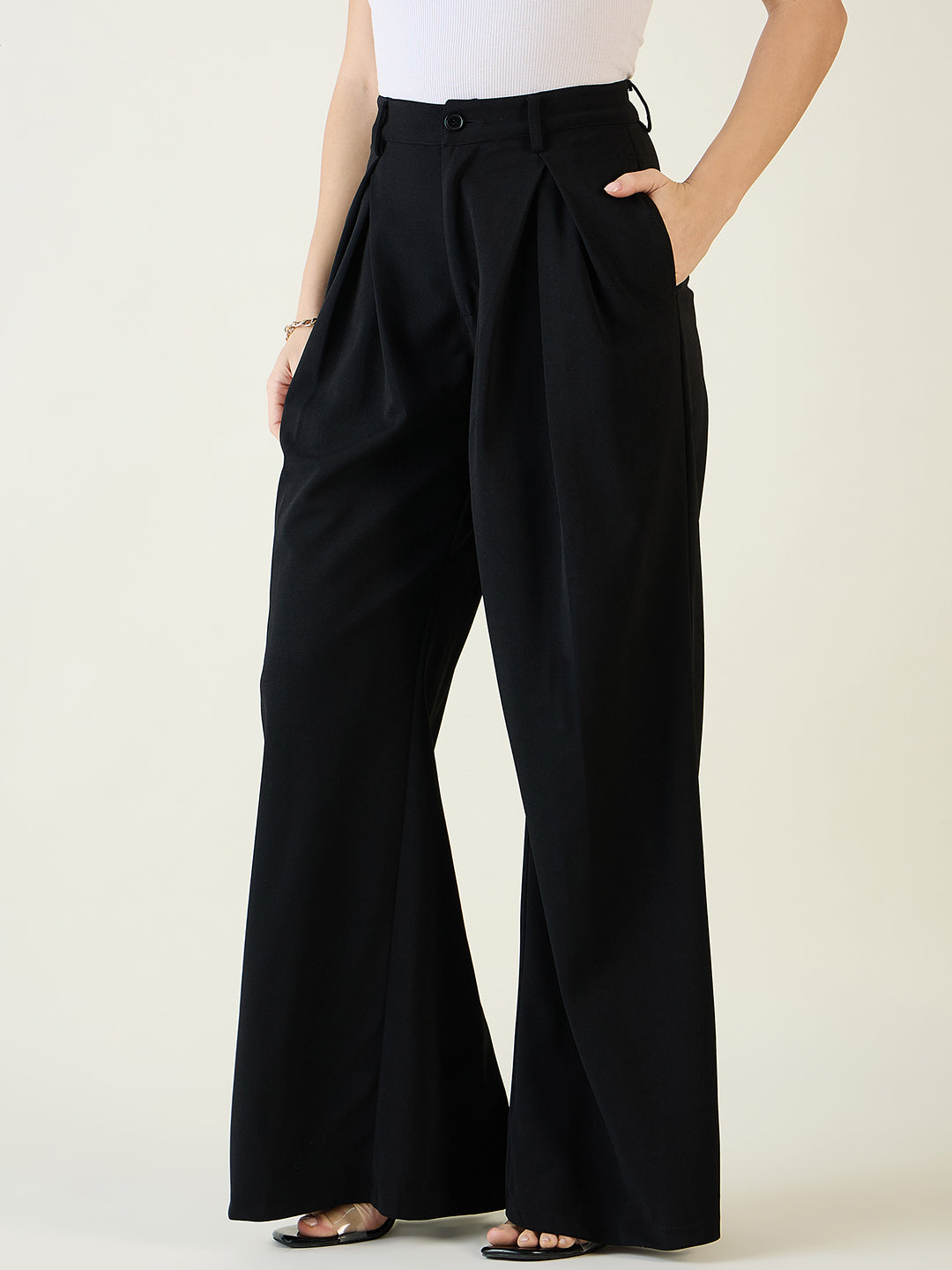 Pleated Front Palazzo Trousers with Button Waist