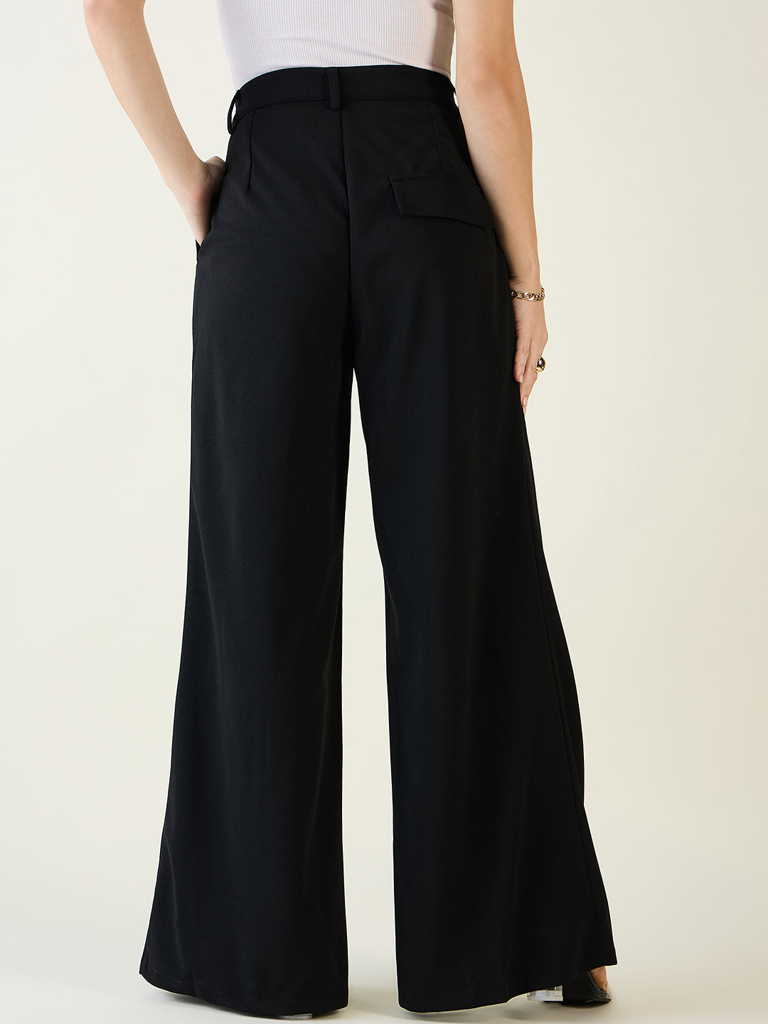 Pleated Front Palazzo Trousers with Button Waist