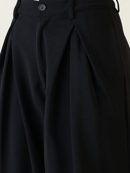 Pleated Front Palazzo Trousers with Button Waist