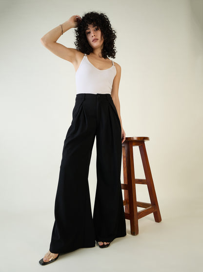 Pleated Front Palazzo Trousers with Button Waist
