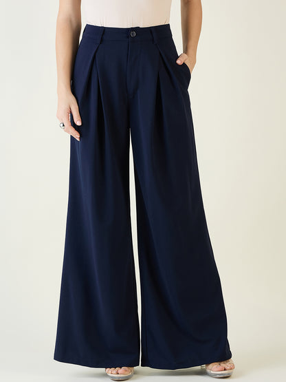 Pleated Front Palazzo Trousers with Button Waist