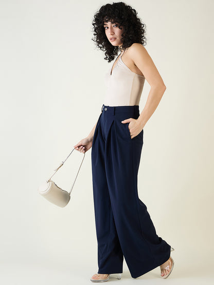 Pleated Front Palazzo Trousers with Button Waist