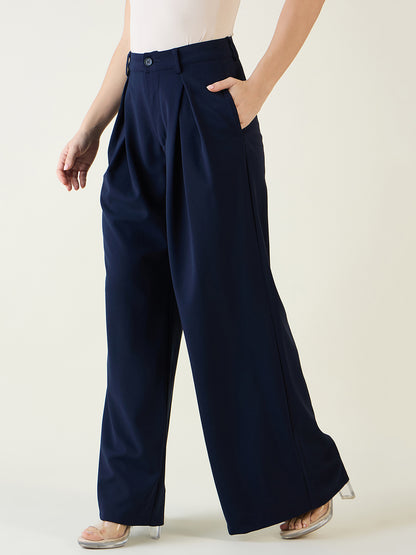 Pleated Front Palazzo Trousers with Button Waist