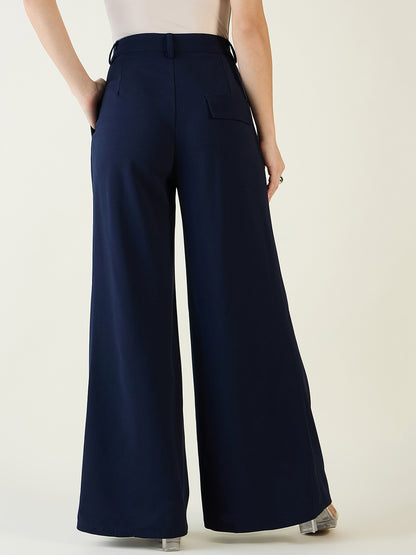 Pleated Front Palazzo Trousers with Button Waist