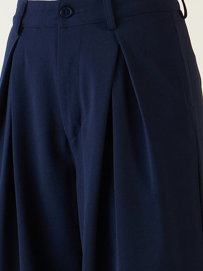 Pleated Front Palazzo Trousers with Button Waist
