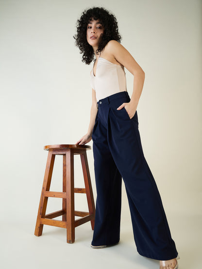 Pleated Front Palazzo Trousers with Button Waist
