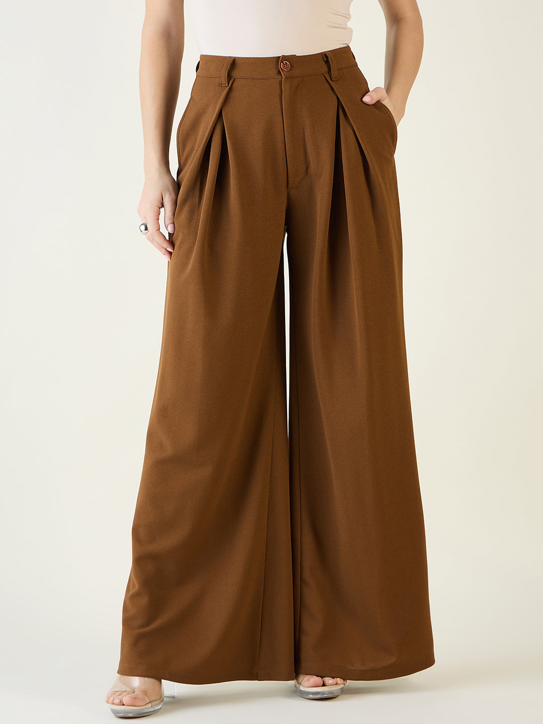 Pleated Front Palazzo Trousers with Button Waist