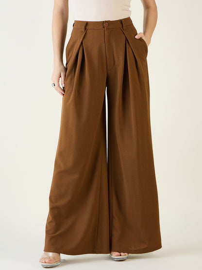 Pleated Front Palazzo Trousers with Button Waist