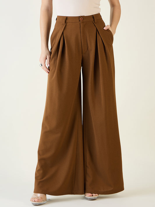 Pleated Front Palazzo Trousers with Button Waist