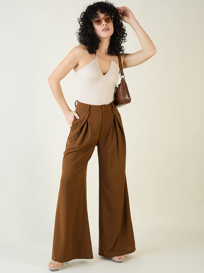 Pleated Front Palazzo Trousers with Button Waist