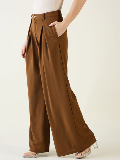 Pleated Front Palazzo Trousers with Button Waist
