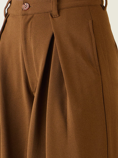 Pleated Front Palazzo Trousers with Button Waist
