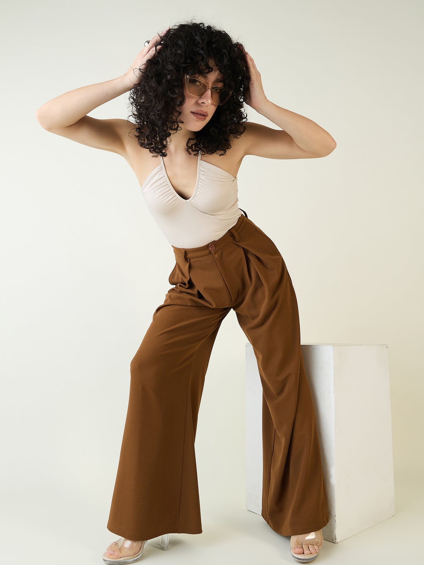 Pleated Front Palazzo Trousers with Button Waist