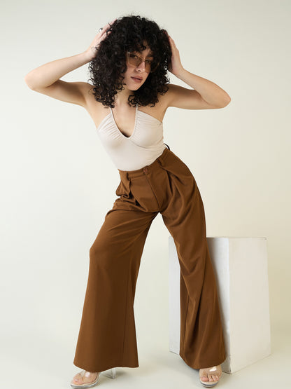 Pleated Front Palazzo Trousers with Button Waist