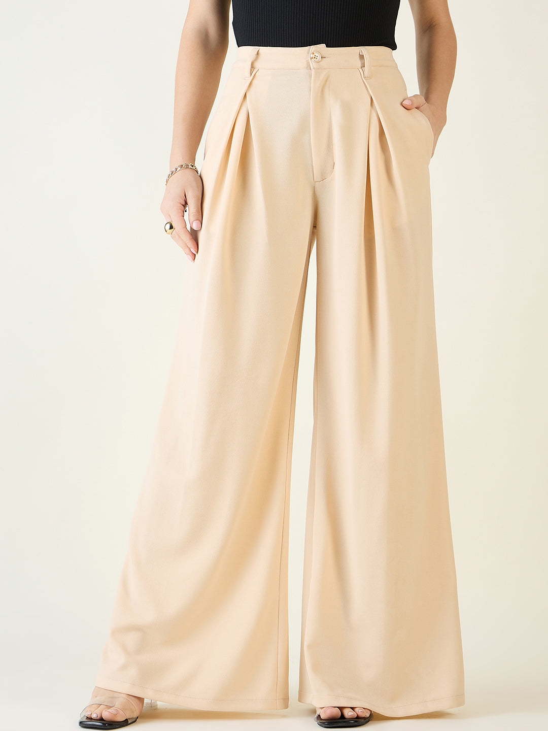 Pleated Front Palazzo Trousers with Button Waist