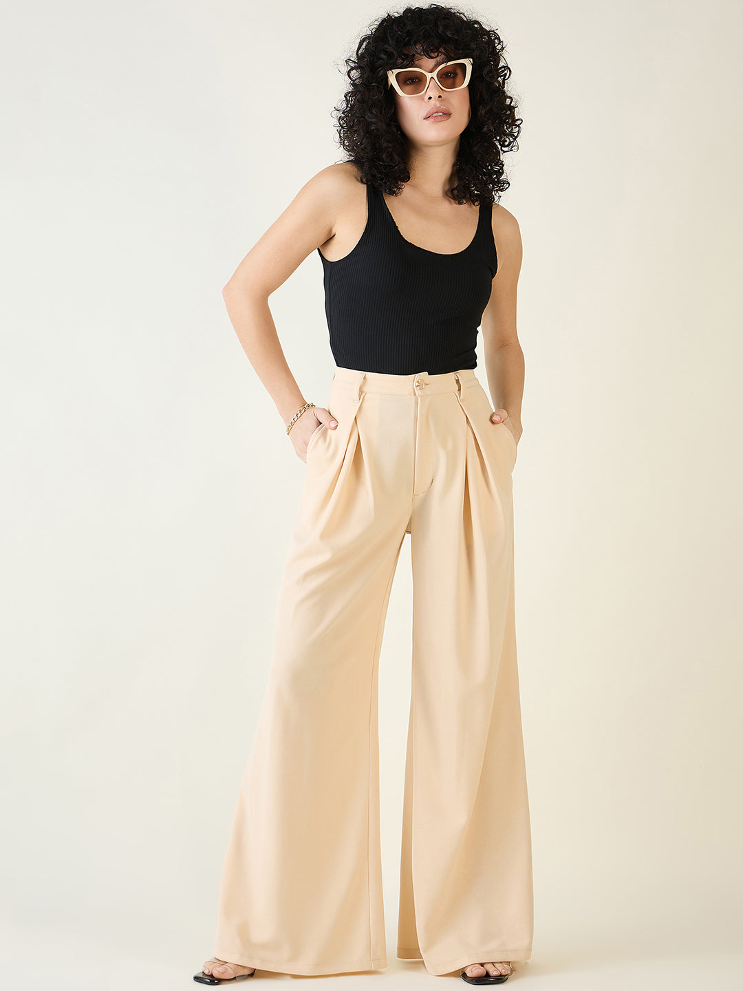 Pleated Front Palazzo Trousers with Button Waist