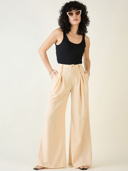 Pleated Front Palazzo Trousers with Button Waist