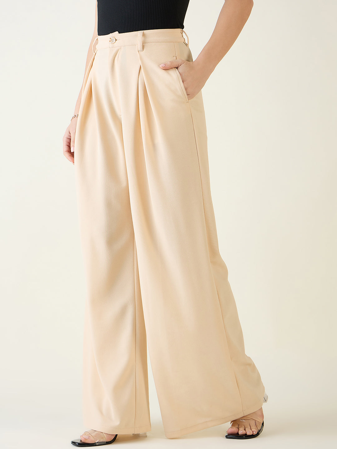 Pleated Front Palazzo Trousers with Button Waist