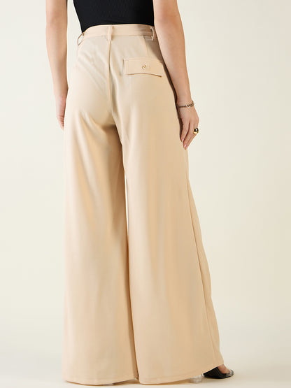 Pleated Front Palazzo Trousers with Button Waist
