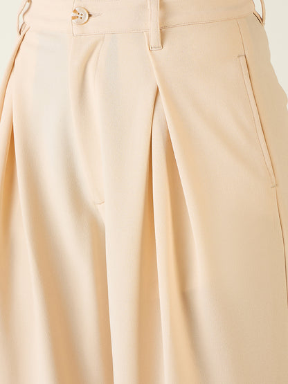 Pleated Front Palazzo Trousers with Button Waist