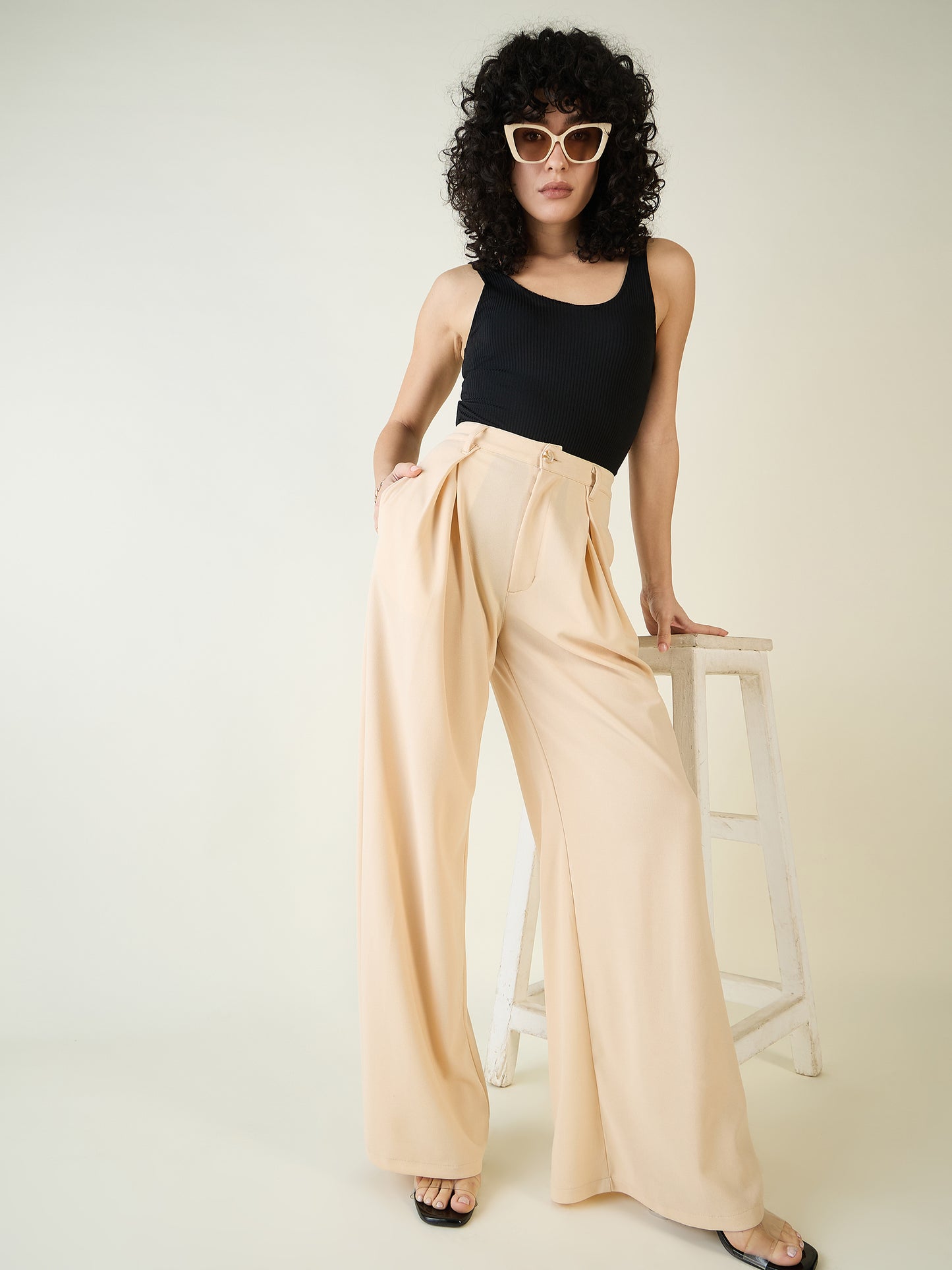 Pleated Front Palazzo Trousers with Button Waist