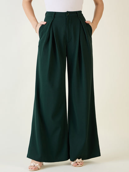 Pleated Front Palazzo Trousers with Button Waist