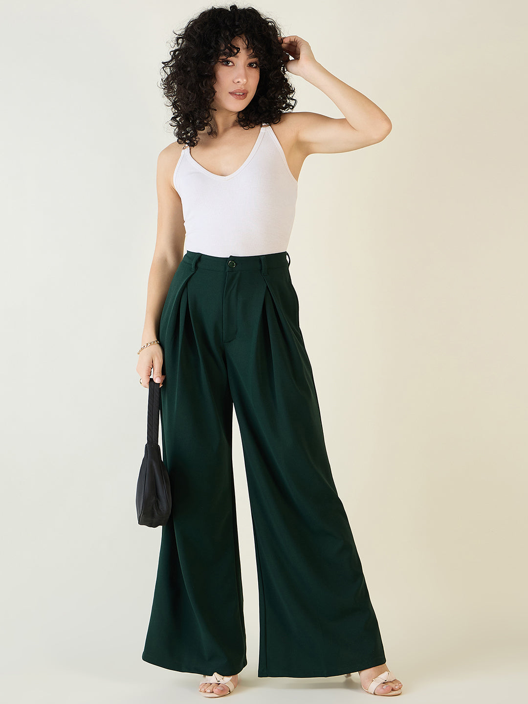Pleated Front Palazzo Trousers with Button Waist
